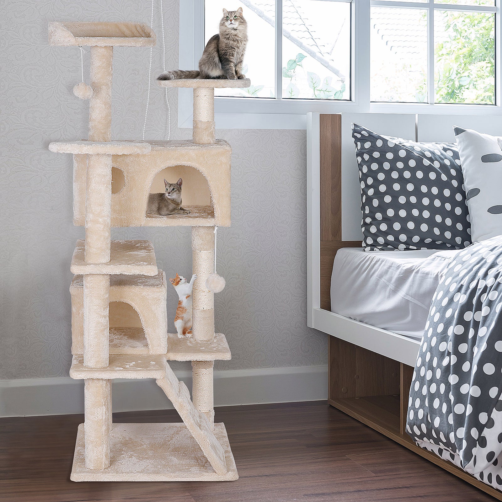 55'' Cat Tree Condo Scratching Post Sturdy Cat Activity Center Light Beige