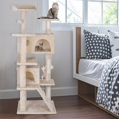 55'' Cat Tree Condo Scratching Post Sturdy Cat Activity Center Light Beige