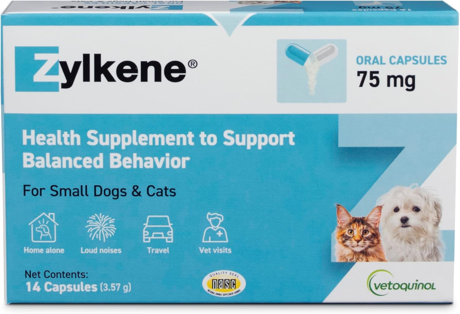 Zylkene Calming Support Supplement for Small Dogs and Cats, Helps Promote Relaxation and Reduce External Stress Factors, Daily Behavioral Support and Anxiety Relief for Dogs and Cats, 75Mg