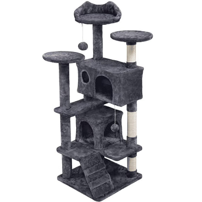 53.9" H Cat Tree with Double Condos, Scratching Posts & Ramp, Dark Gray