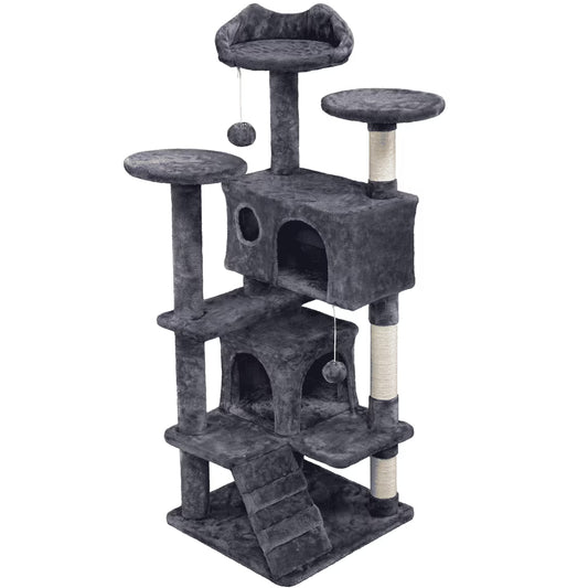 53.9" H Cat Tree with Double Condos, Scratching Posts & Ramp, Dark Gray