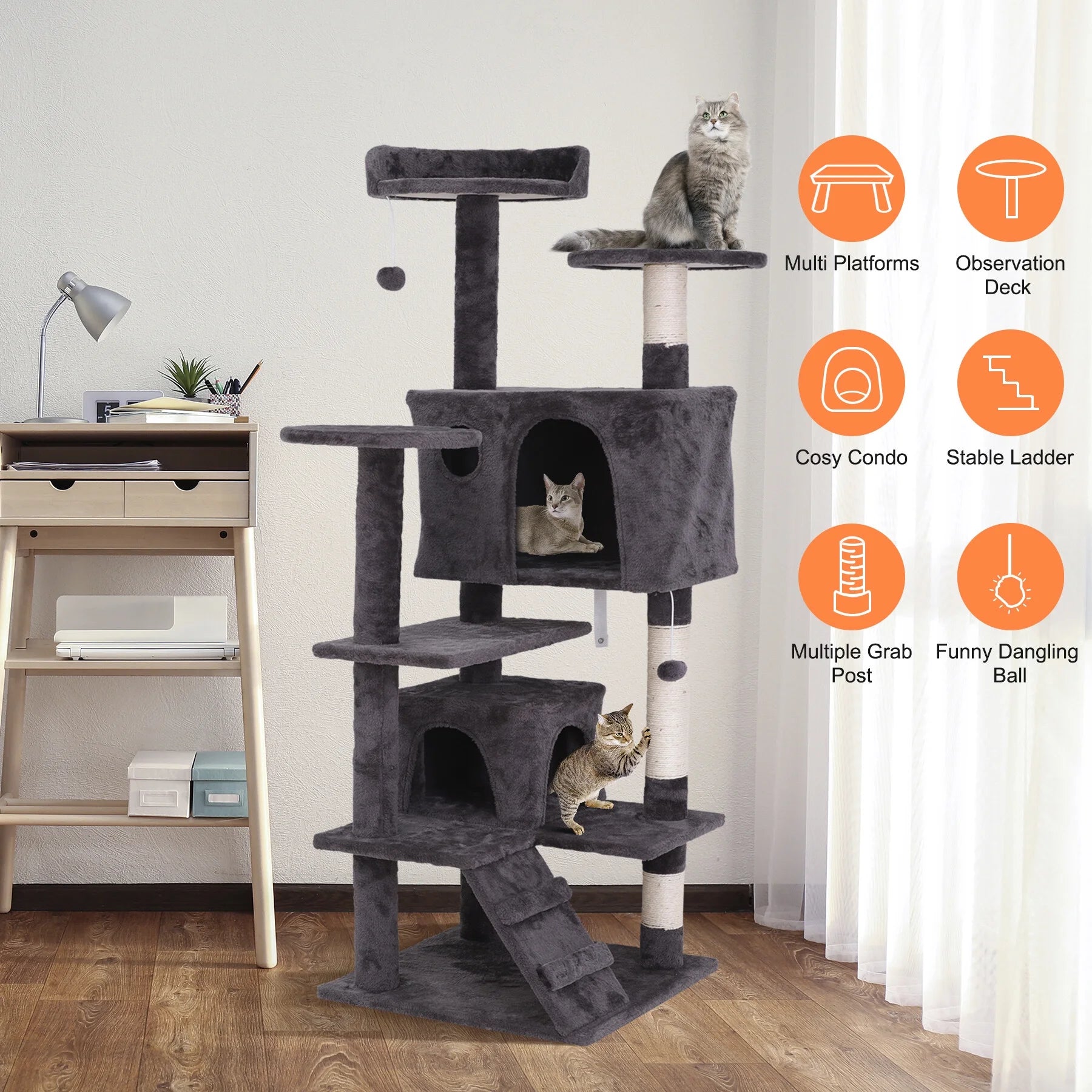55-In Cat Tree & Condo Scratching Post Tower, Dark Gray