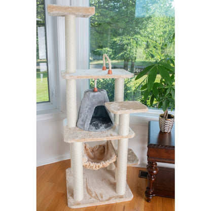65-In Real Wood Cat Tree & Condo Scratching Post Tower, Beige