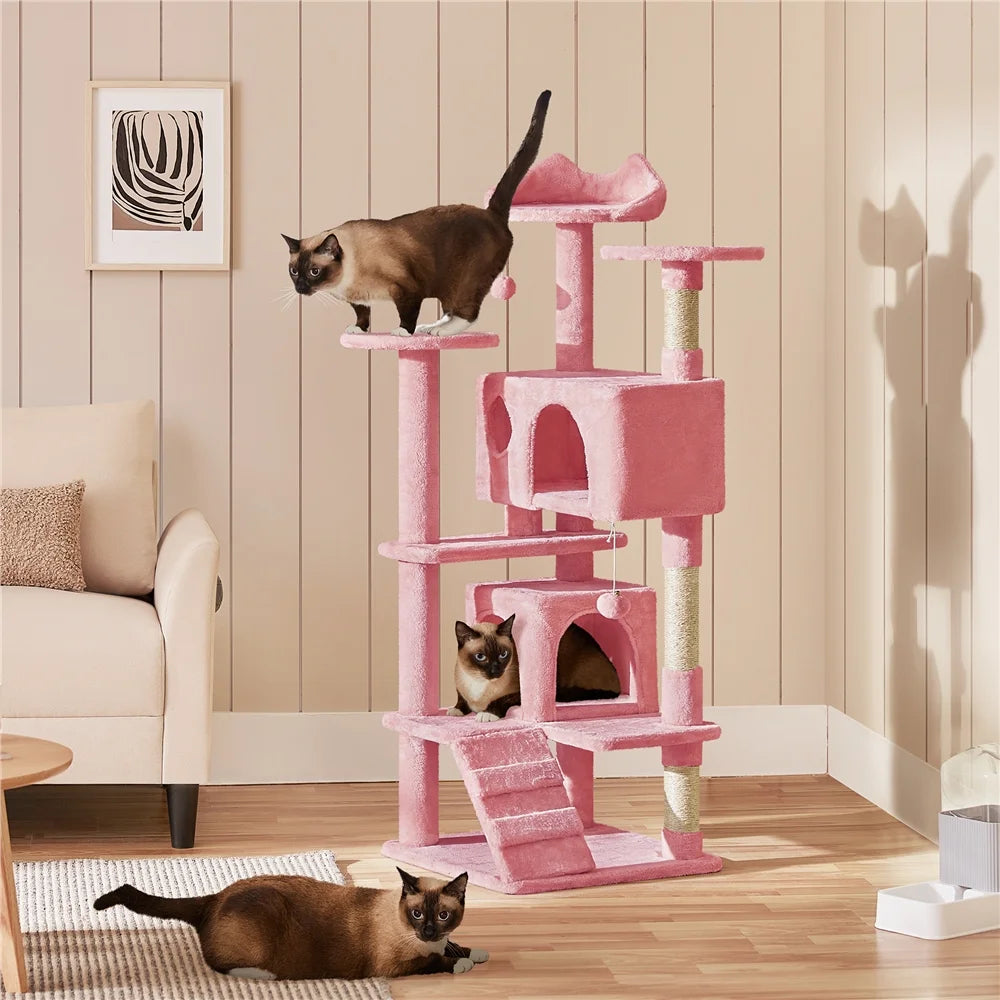 53.9" H Cat Tree with Double Condos, Scratching Posts & Ramp, Pink