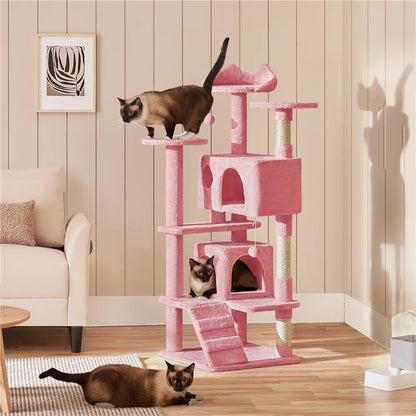 53.9" H Cat Tree with Double Condos, Scratching Posts & Ramp, Pink