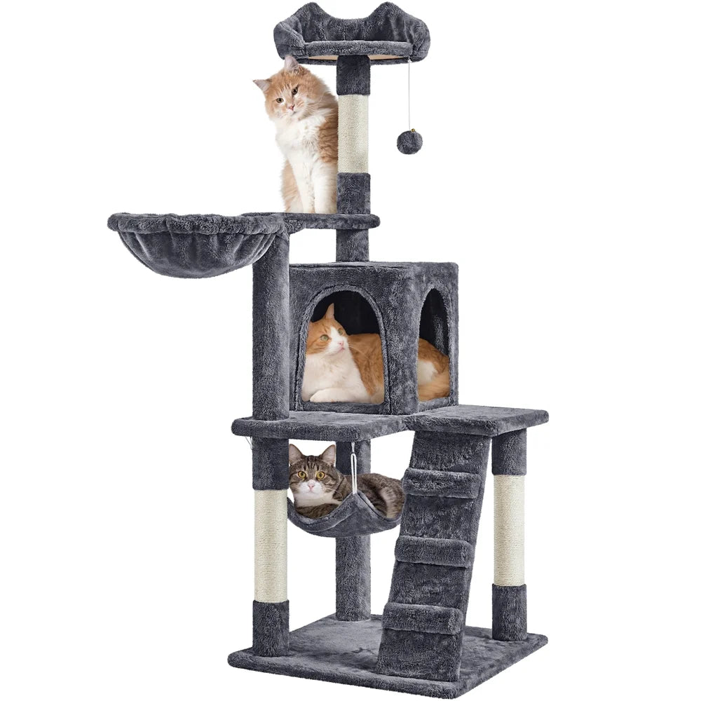 54" Cat Tree with Hammock, Basket and Scratching Post Tower, Dark Gray