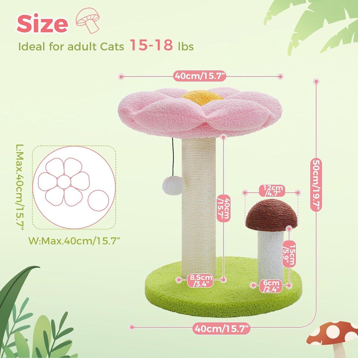Cat Scratching Post, Mushroom Cat Scratcher Cute Cat Tree Tower with Thick Scratching Post & Removable Flower Cats Bed [Dia=15.7''], Tall Post for Kittens and Indoor, Pink