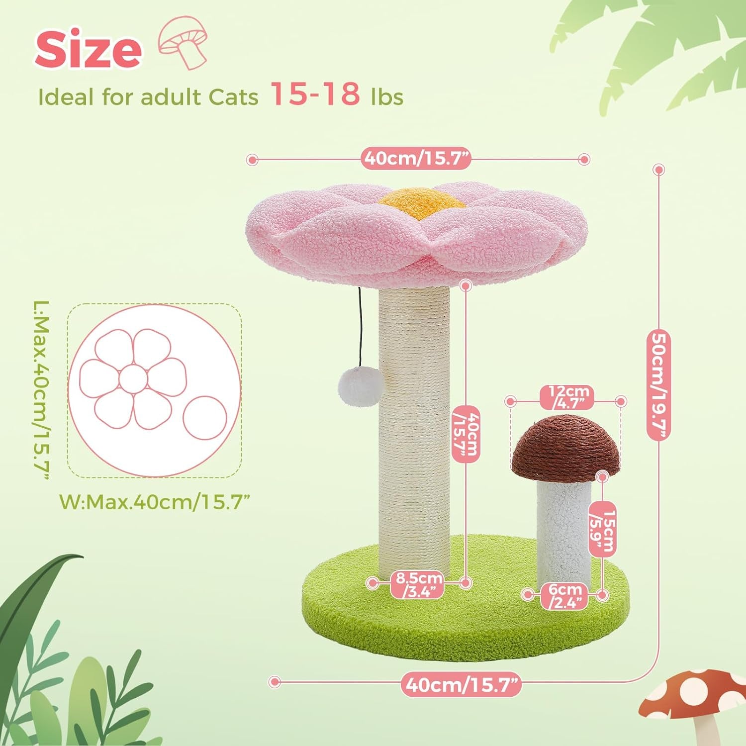 Cat Scratching Post, Mushroom Cat Scratcher Cute Cat Tree Tower with Thick Scratching Post & Removable Flower Cats Bed [Dia=15.7''], Tall Post for Kittens and Indoor, Pink