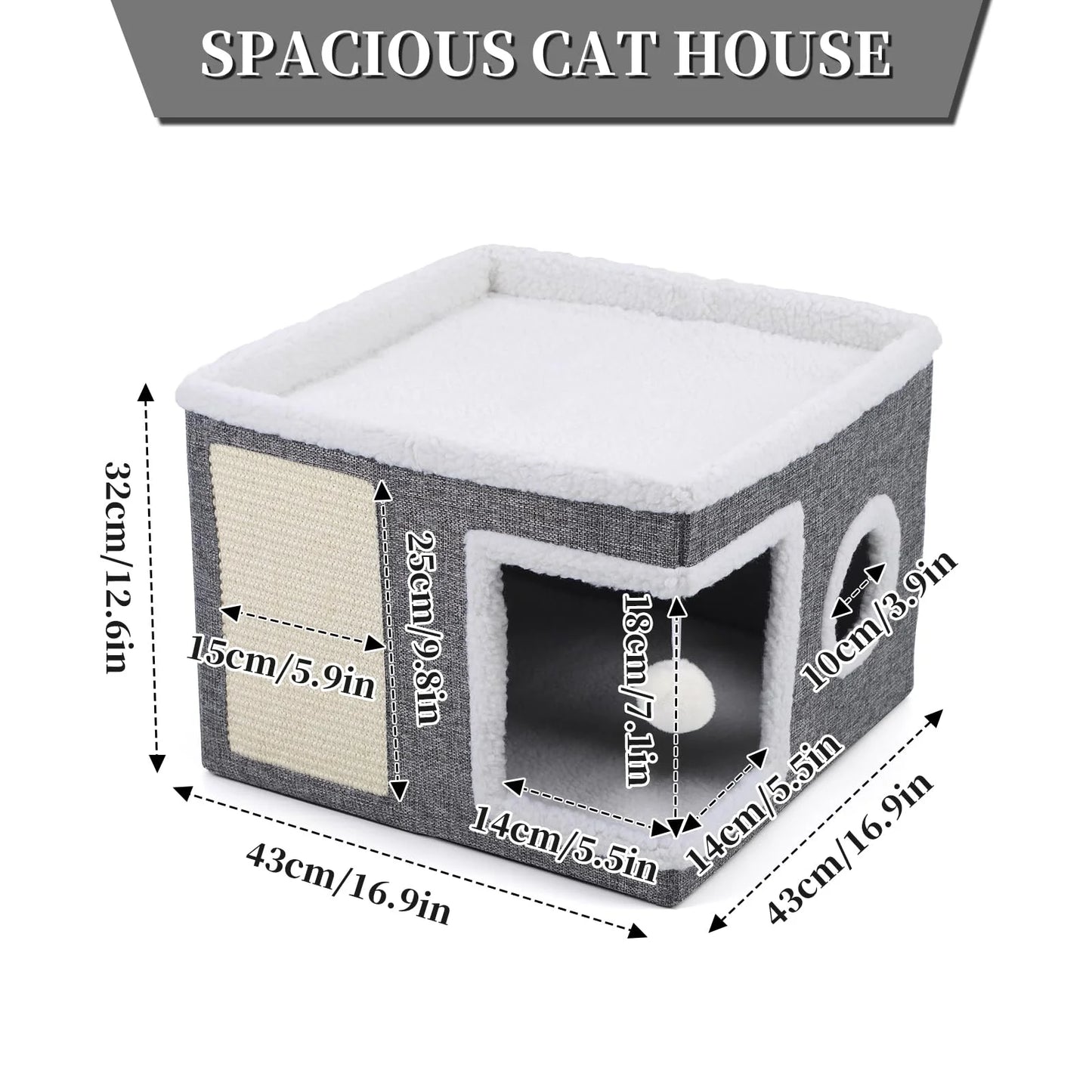Cat Beds for Indoor Cats,Large Cat House for Pet Cat Cave with Scratch Pad and Fluffy Hanging Ball,Foldable Cat Cube Hideaway,Grey