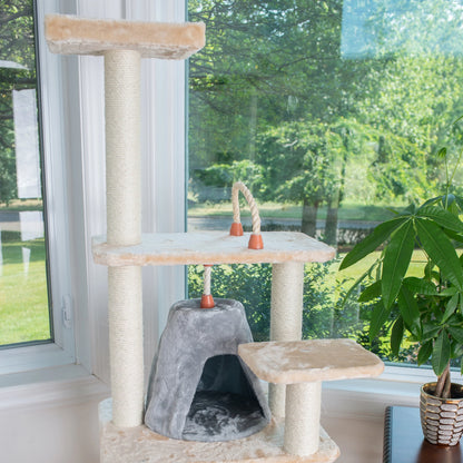 65-In Real Wood Cat Tree & Condo Scratching Post Tower, Beige