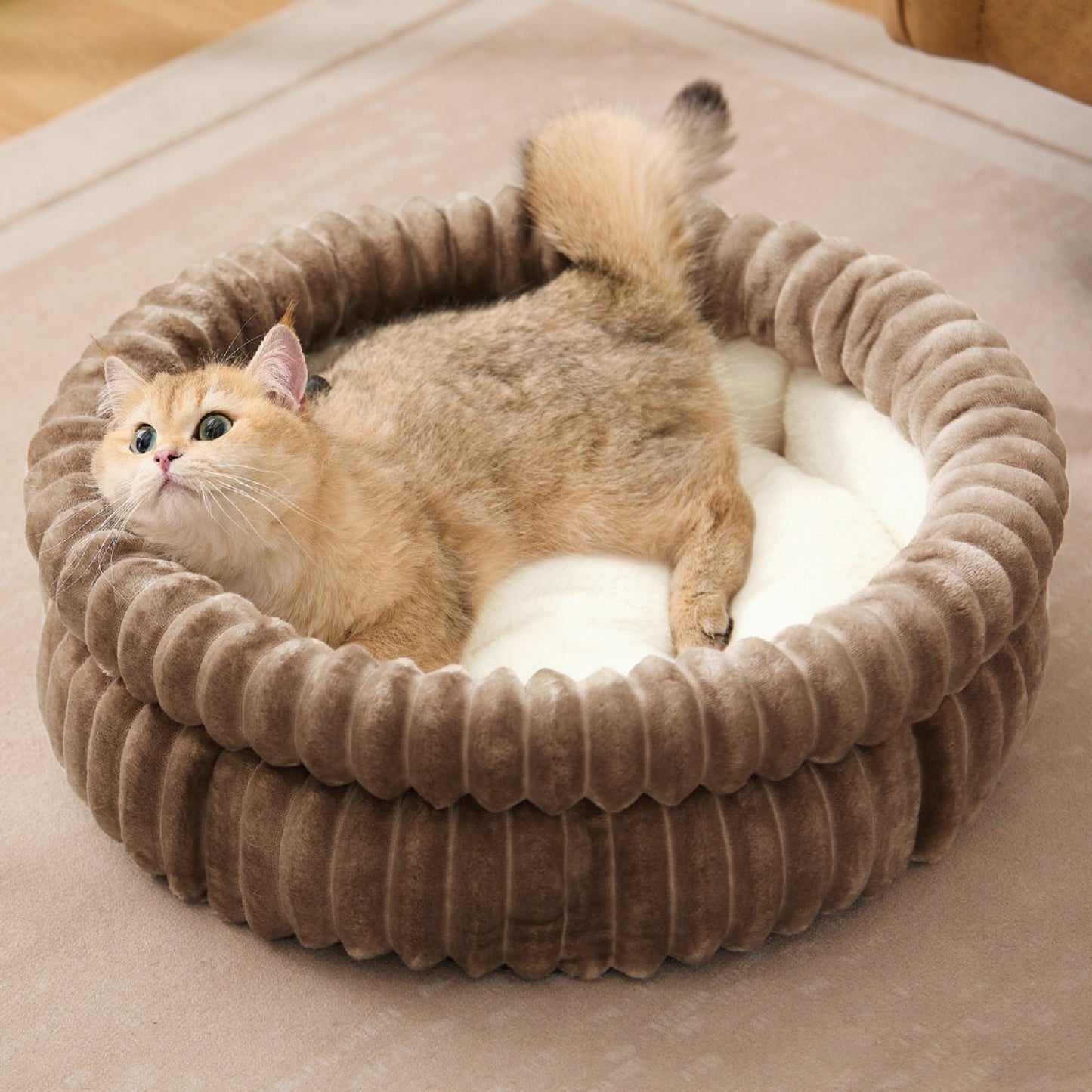 Donut Plush Pet Dog Cat Bed Fluffy Soft Warm Calming Bed Sleeping Kennel Nest