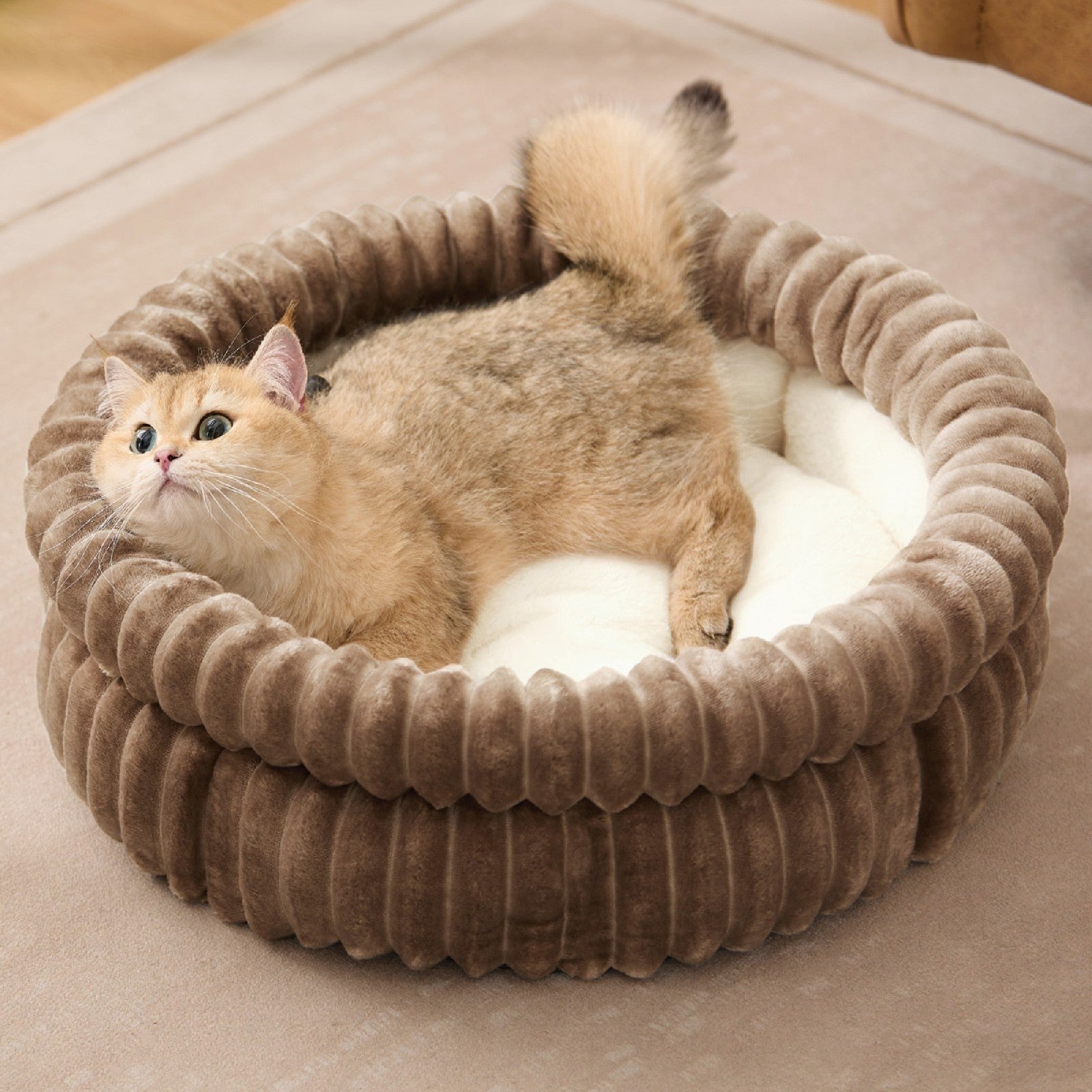 Donut Plush Pet Dog Cat Bed Fluffy Soft Warm Calming Bed Sleeping Kennel Nest