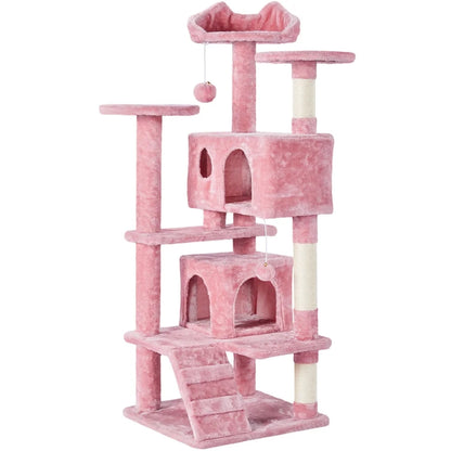 53.9" H Cat Tree with Double Condos, Scratching Posts & Ramp, Pink