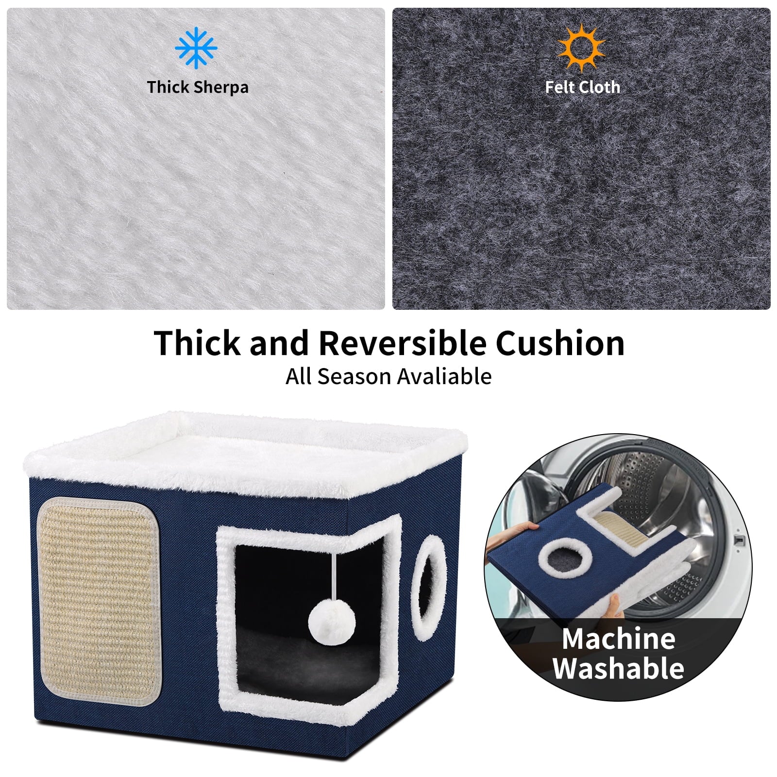 Cat Beds for Indoor Cats,Large Pet Beds for Cats, Cat Cave with Cozy Condo and Scratch Pad,Foldable Cat Cube Hideaway,Blue