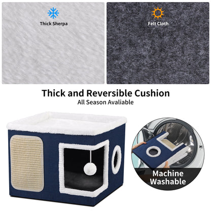 Cat Beds for Indoor Cats,Large Pet Beds for Cats, Cat Cave with Cozy Condo and Scratch Pad,Foldable Cat Cube Hideaway,Blue