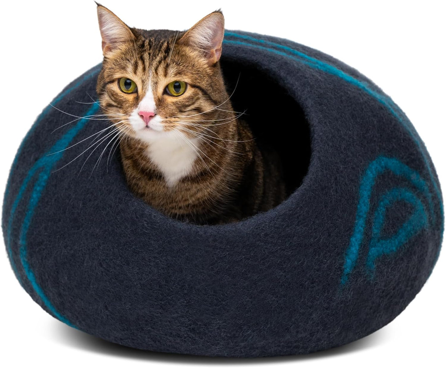 Cat Cave – Premium Felt Cat Bed for Indoor Cats, Handmade 100% Merino Wool (Large, Black Aqua)