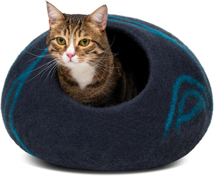 Cat Cave – Premium Felt Cat Bed for Indoor Cats, Handmade 100% Merino Wool (Large, Black Aqua)