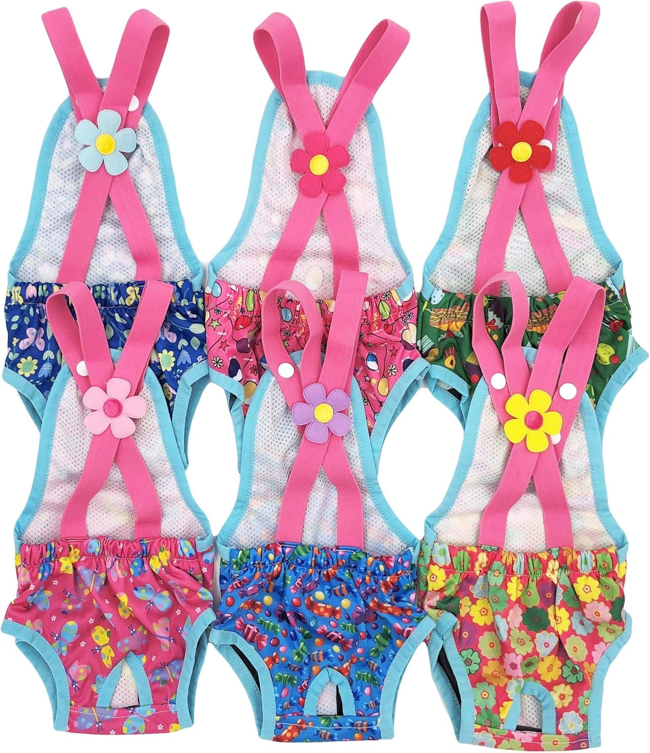 Pack of 2 Female Dog Diapers Sanitary Pantie Washable Reusable with Suspenders Stay on for Small Pet (XS: Waist 12" - 14", Pink Butterfly and Green Cupcake)