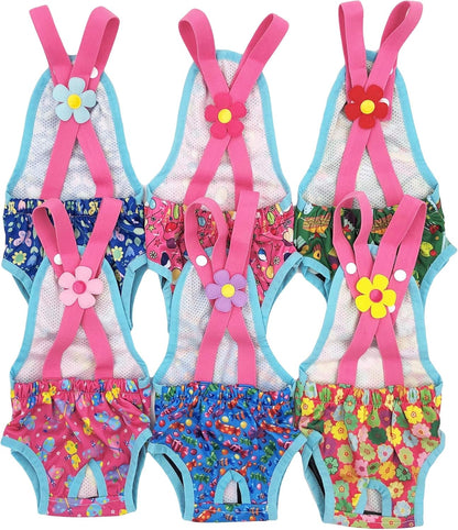 Pack of 2 Female Dog Diapers Sanitary Pantie Washable Reusable with Suspenders Stay on for Small Pet (XS: Waist 12" - 14", Pink Butterfly and Green Cupcake)