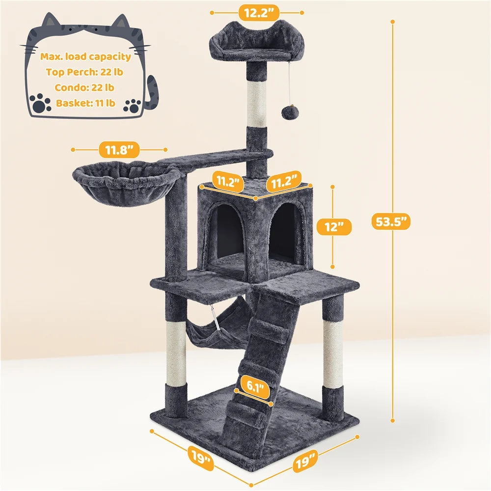 54" Cat Tree with Hammock, Basket and Scratching Post Tower, Dark Gray