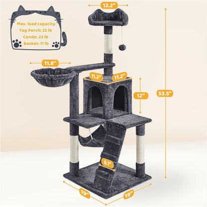 54" Cat Tree with Hammock, Basket and Scratching Post Tower, Dark Gray