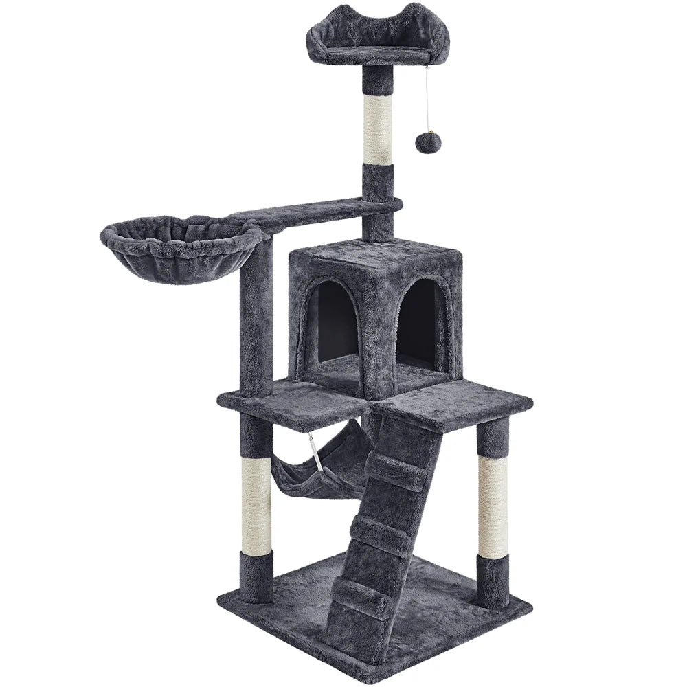 54" Cat Tree with Hammock, Basket and Scratching Post Tower, Dark Gray