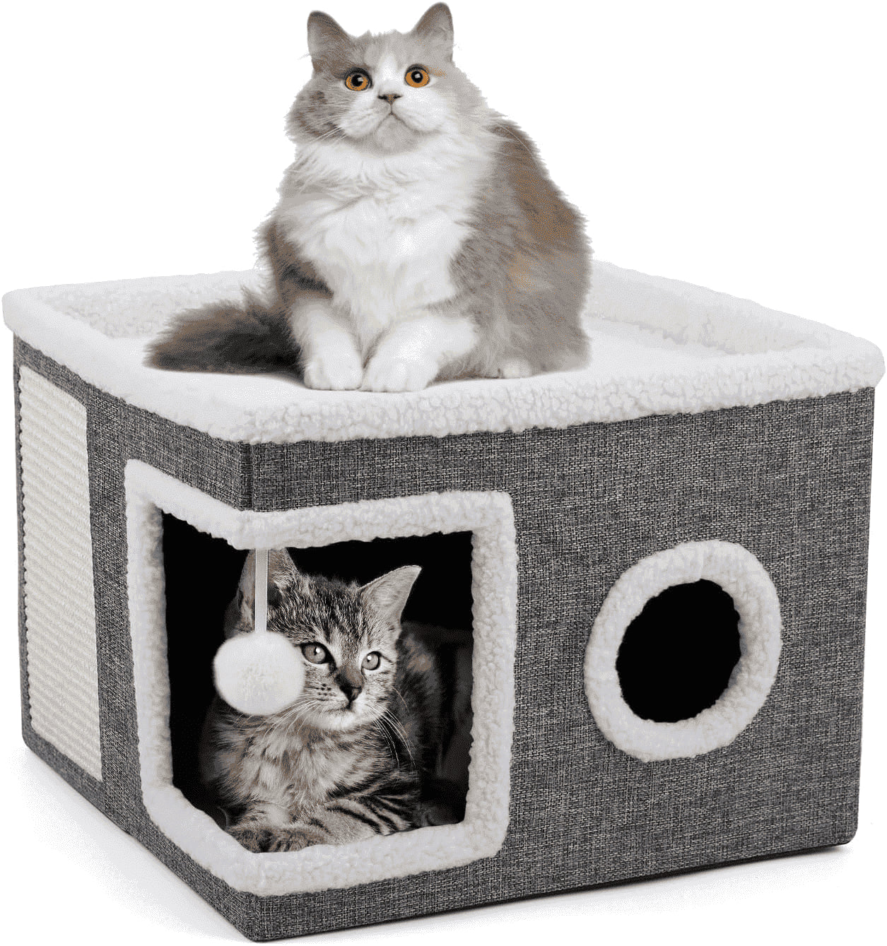 Cat Beds for Indoor Cats,Large Cat House for Pet Cat Cave with Scratch Pad and Fluffy Hanging Ball,Foldable Cat Cube Hideaway,Grey