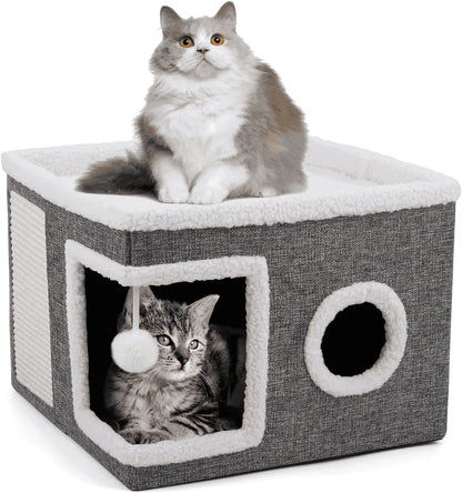 Cat Beds for Indoor Cats,Large Cat House for Pet Cat Cave with Scratch Pad and Fluffy Hanging Ball,Foldable Cat Cube Hideaway,Grey