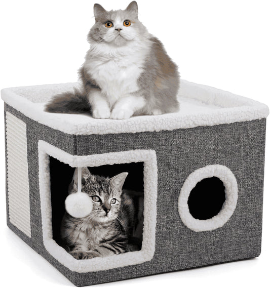 Cat Beds for Indoor Cats,Large Cat House for Pet Cat Cave with Scratch Pad and Fluffy Hanging Ball,Foldable Cat Cube Hideaway,Grey