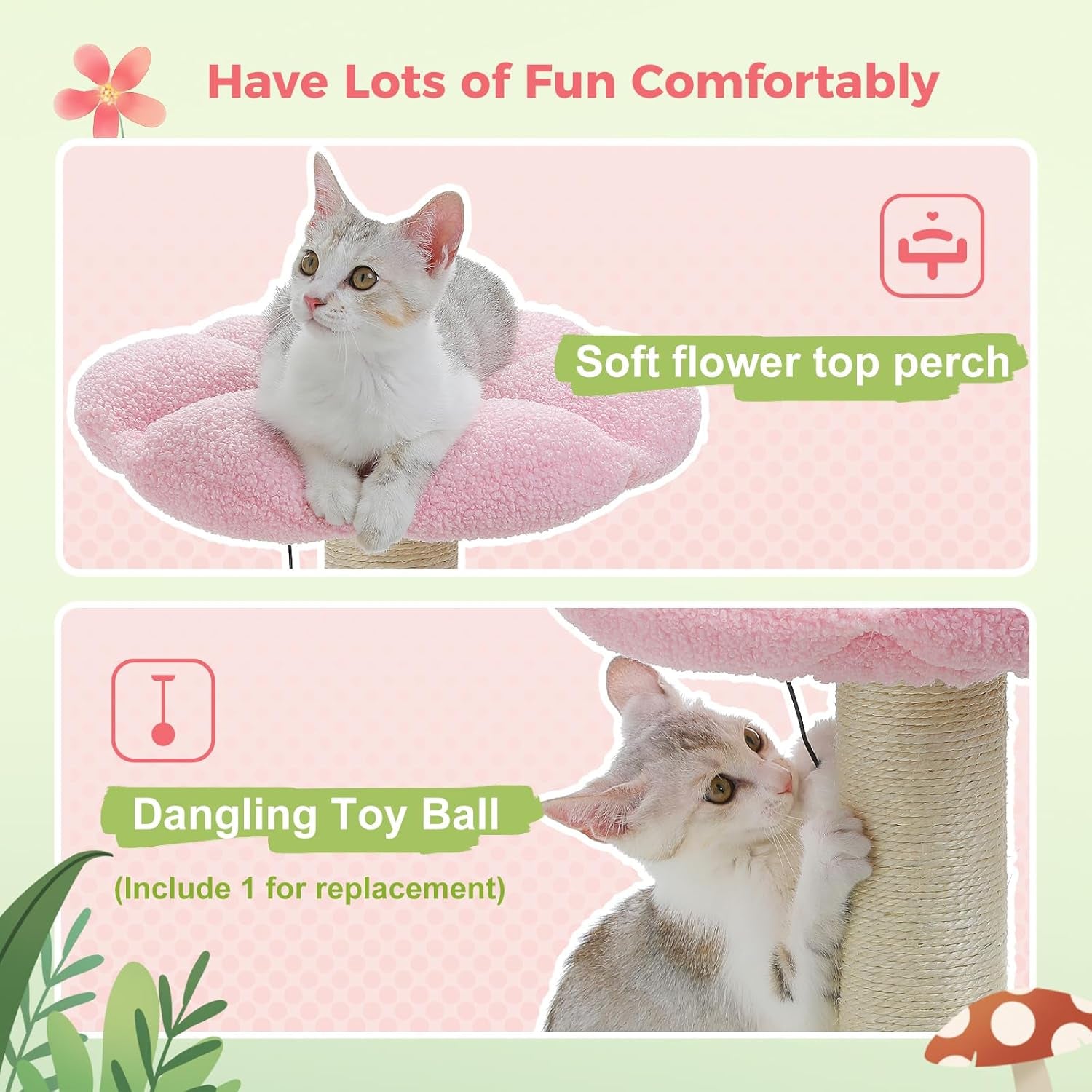 Cat Scratching Post, Mushroom Cat Scratcher Cute Cat Tree Tower with Thick Scratching Post & Removable Flower Cats Bed [Dia=15.7''], Tall Post for Kittens and Indoor, Pink