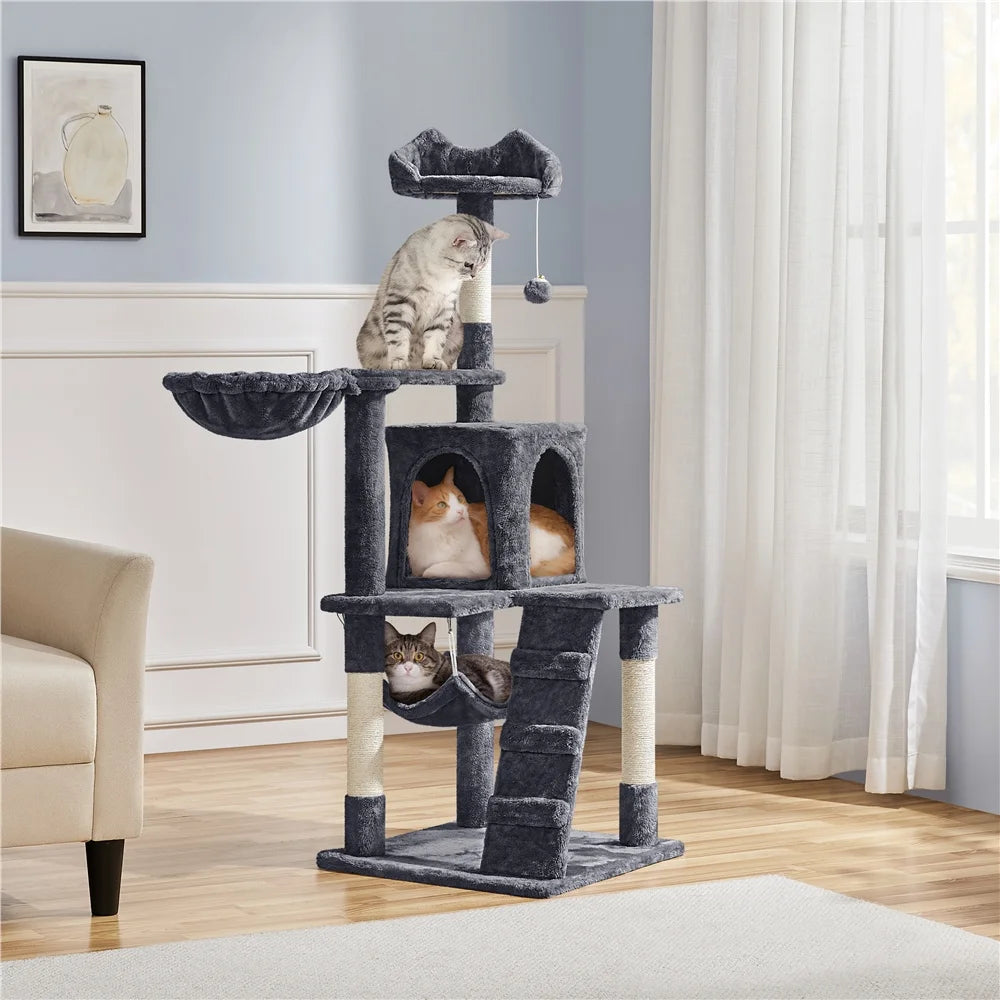 54" Cat Tree with Hammock, Basket and Scratching Post Tower, Dark Gray