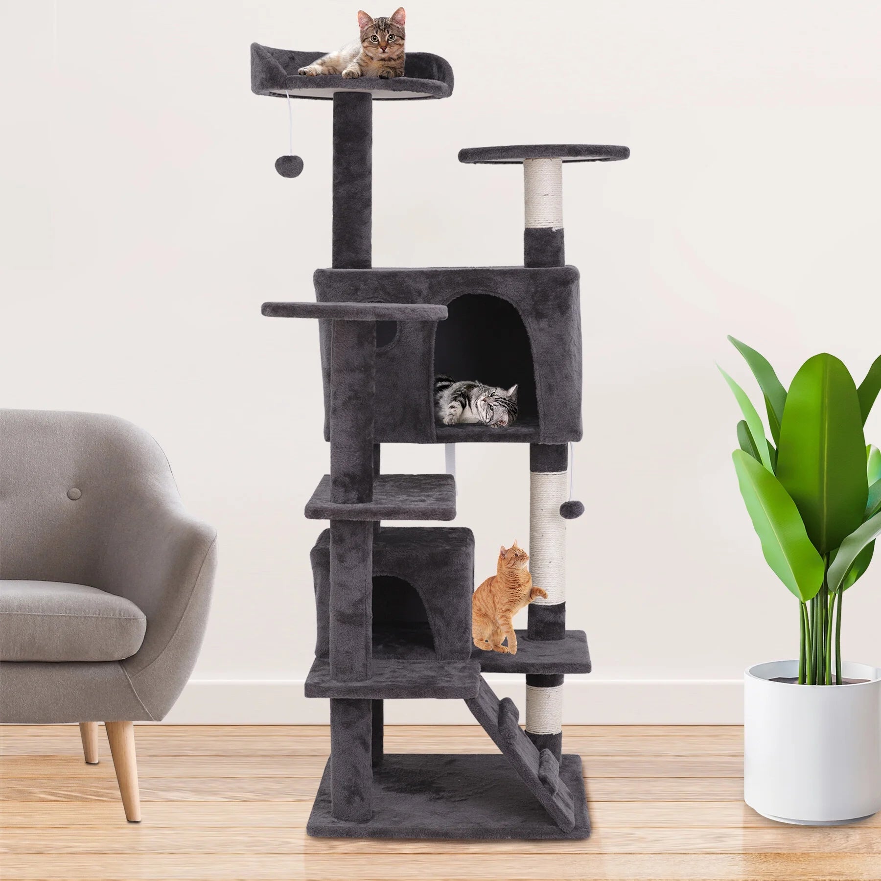 55-In Cat Tree & Condo Scratching Post Tower, Dark Gray