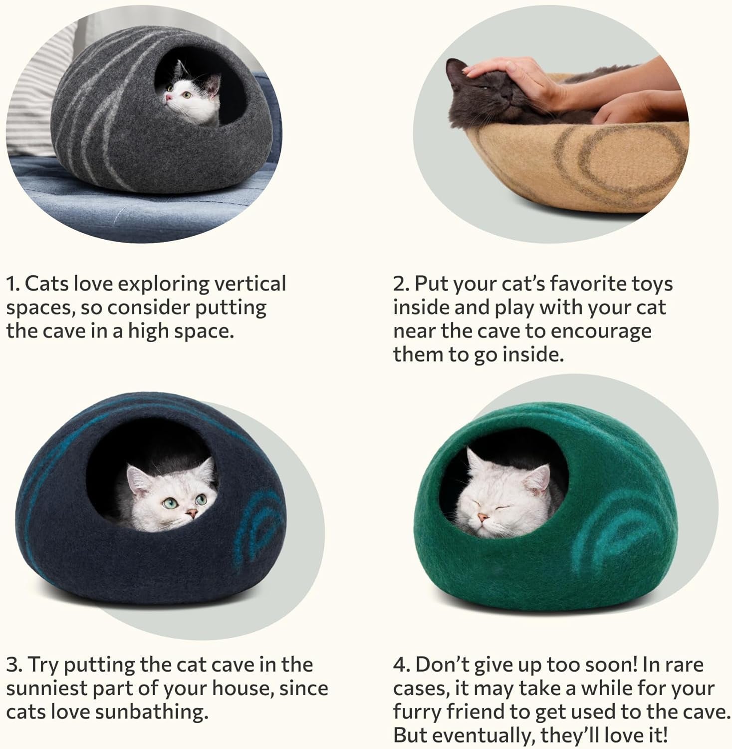 Cat Cave – Premium Felt Cat Bed for Indoor Cats, Handmade 100% Merino Wool (Large, Black Aqua)