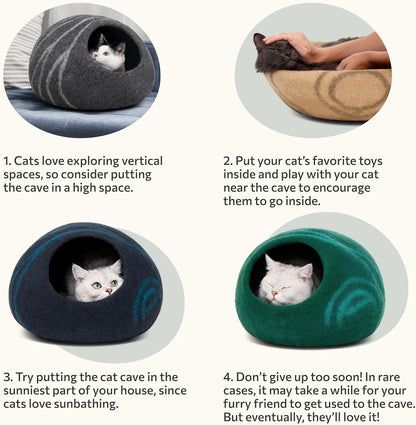 Cat Cave – Premium Felt Cat Bed for Indoor Cats, Handmade 100% Merino Wool (Large, Black Aqua)