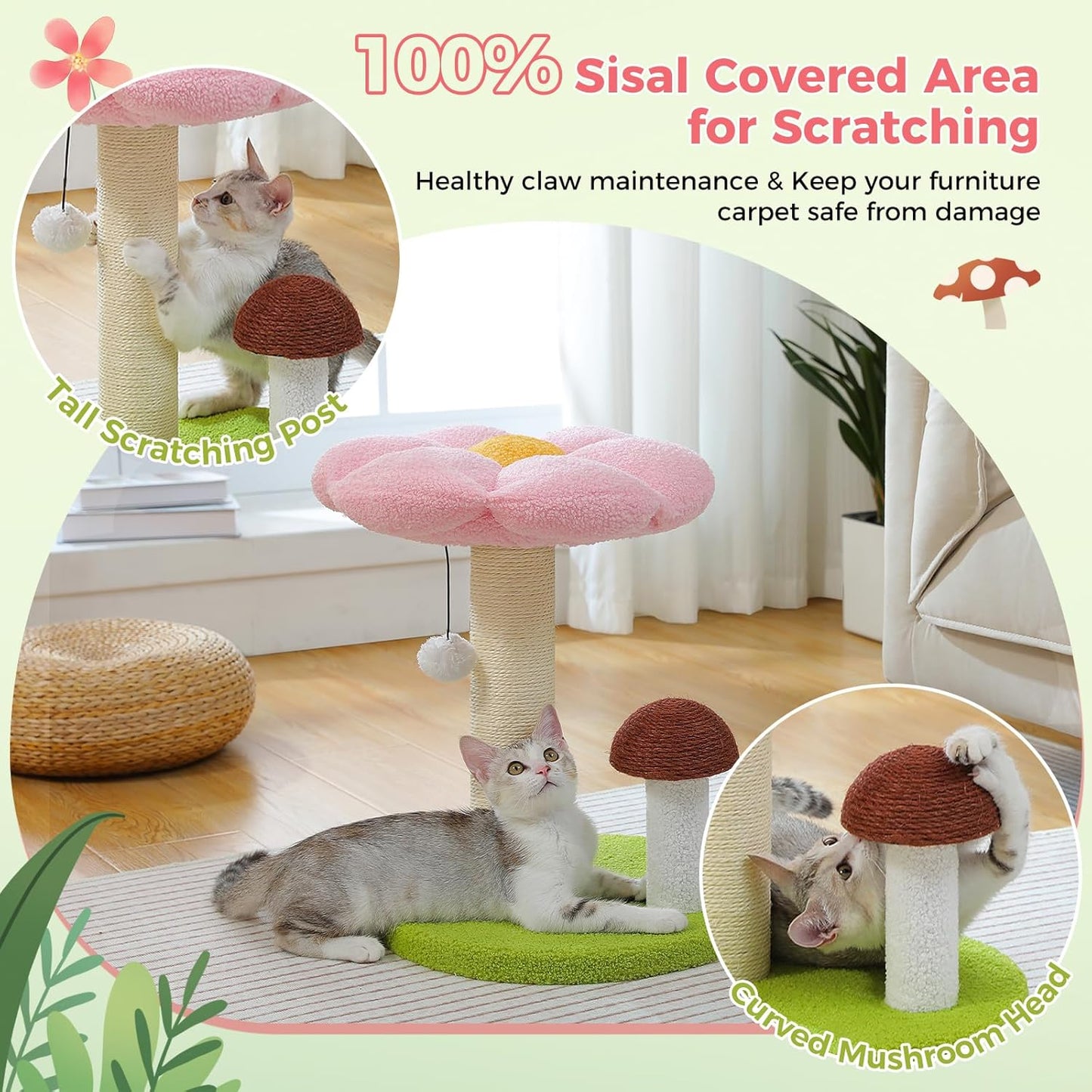 Cat Scratching Post, Mushroom Cat Scratcher Cute Cat Tree Tower with Thick Scratching Post & Removable Flower Cats Bed [Dia=15.7''], Tall Post for Kittens and Indoor, Pink