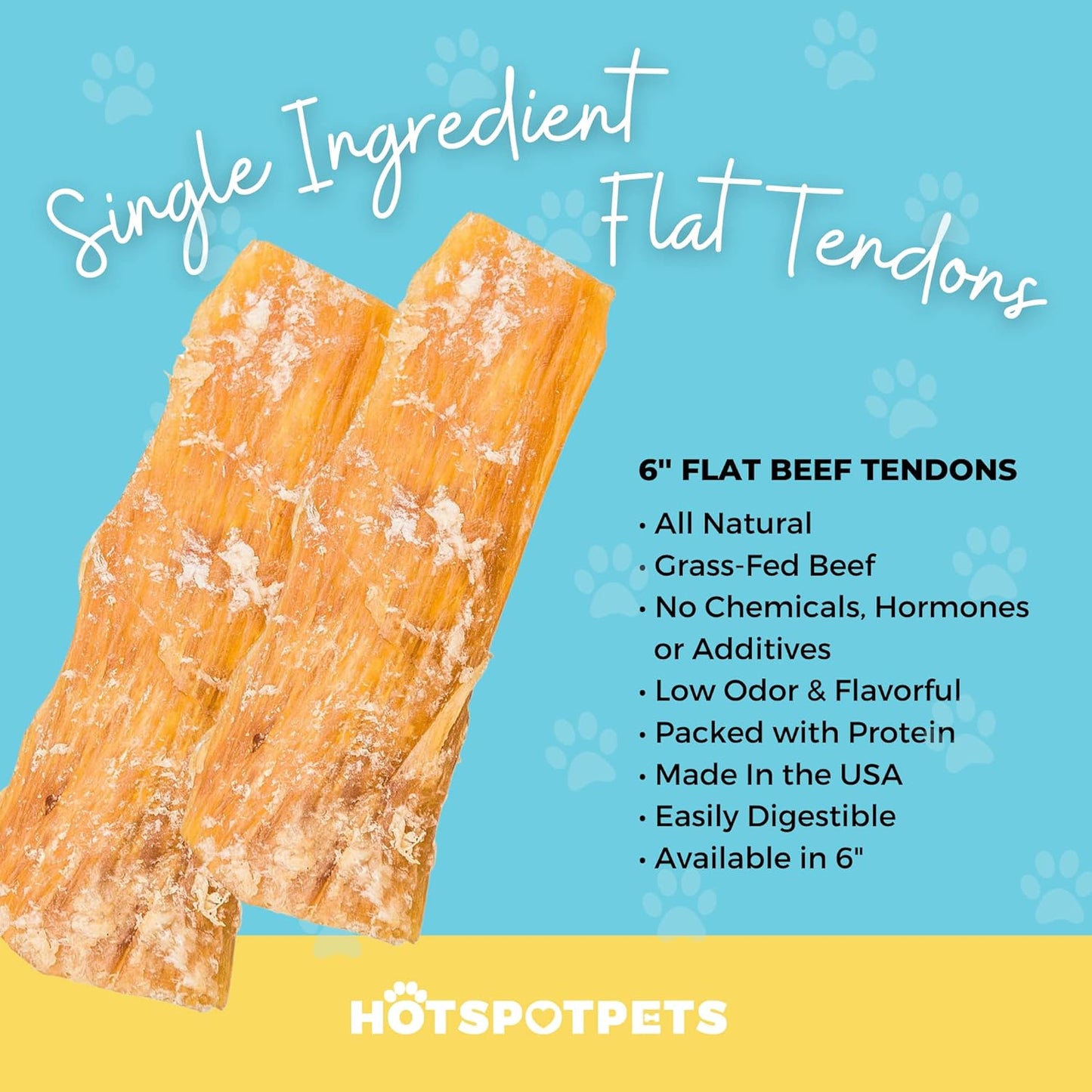 Beef Tendon Chews for Dogs -(10 Pack) 6 Inch All Natural, Free-Range, Grass-Fed Premium Backstrap Tendon Dog Chews Treats