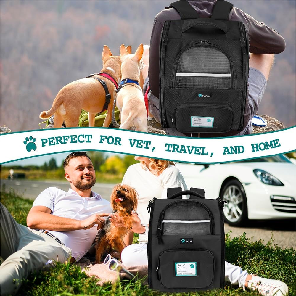 Deluxe Pet Carrier Backpack for Small Cats and Dogs, Puppies | Ventilated Design, Two-Sided Entry, Safety Features and Cushion Back Support | for Travel, Hiking, Outdoor Use