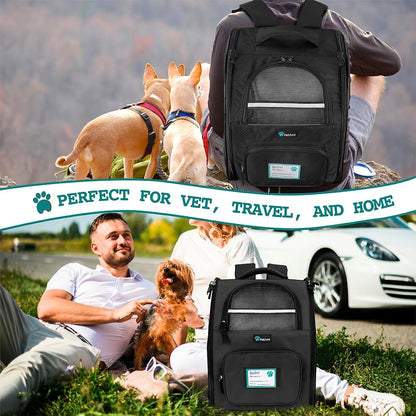 Deluxe Pet Carrier Backpack for Small Cats and Dogs, Puppies | Ventilated Design, Two-Sided Entry, Safety Features and Cushion Back Support | for Travel, Hiking, Outdoor Use