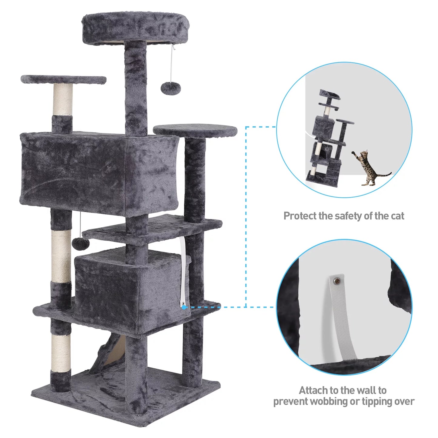 53-In Cat Tree & Condo Scratching Post Tower, Dark Gray