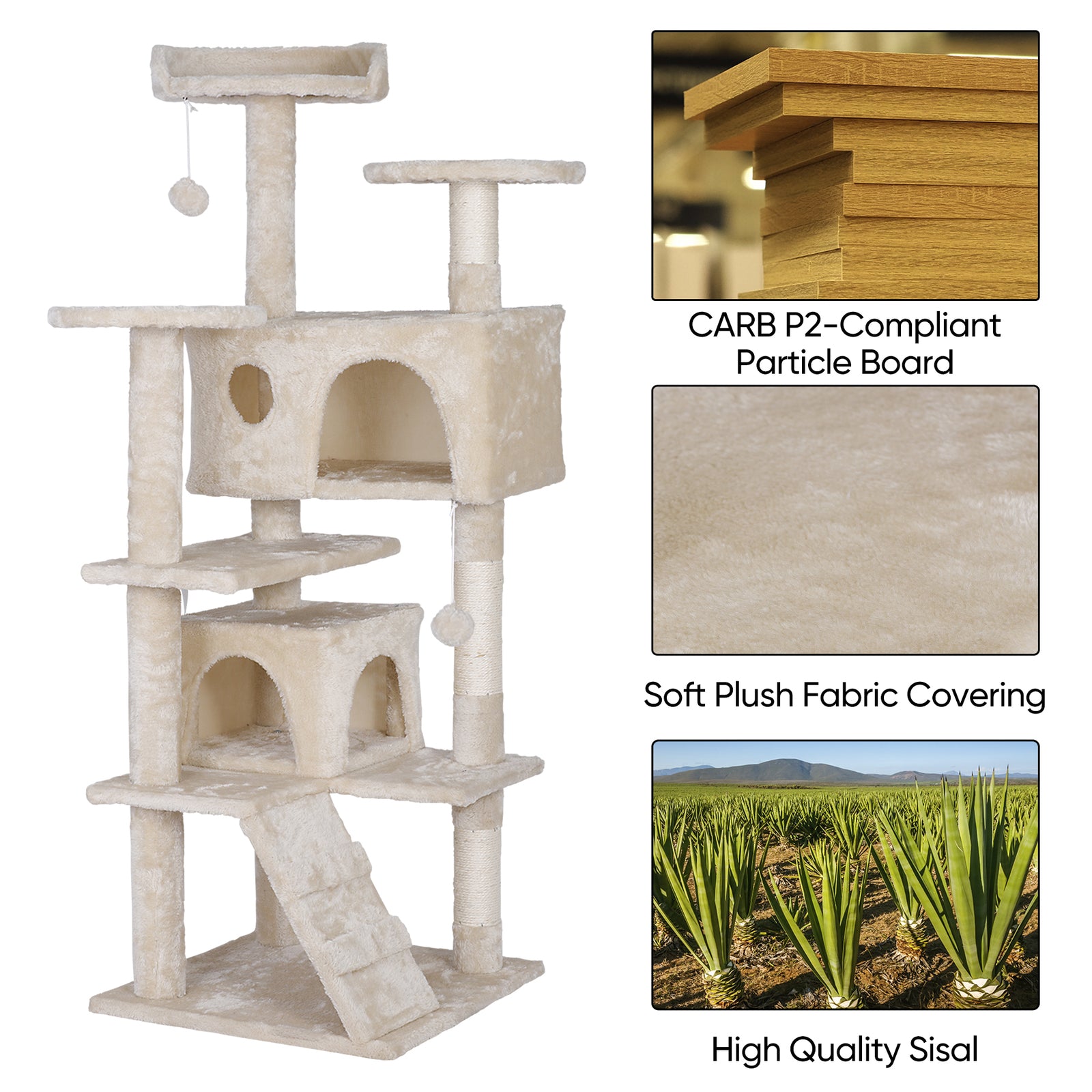 55'' Cat Tree Condo Scratching Post Sturdy Cat Activity Center Light Beige
