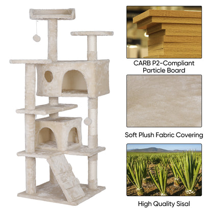 55'' Cat Tree Condo Scratching Post Sturdy Cat Activity Center Light Beige