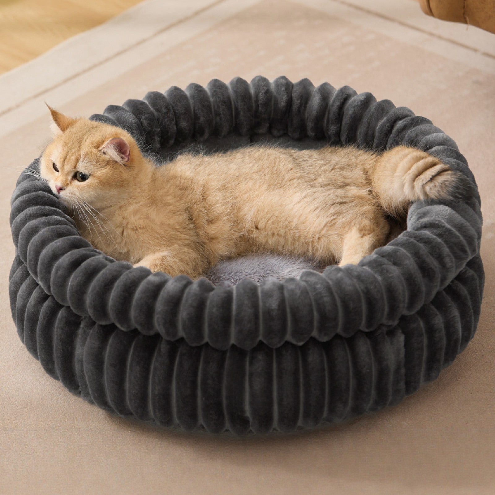 Donut Plush Pet Dog Cat Bed Fluffy Soft Warm Calming Bed Sleeping Kennel Nest