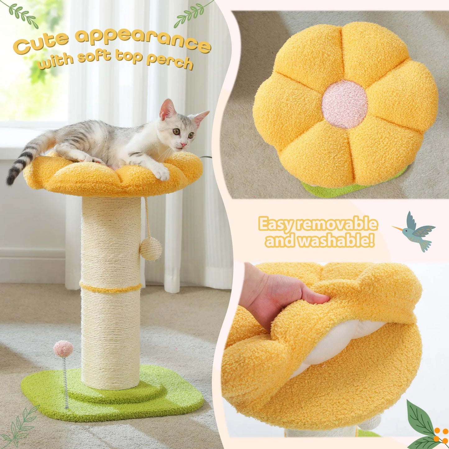 Flower Cat Scratching Post Small Cat Tree Tower Cat Scratcher for Indoor Cats with Super Thick Scratching Post Removable Cat Bed