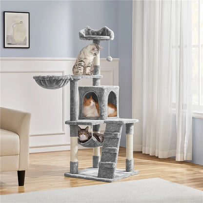 54" Cat Tree with Hammock, Basket and Scratching Post Tower, Light Gray