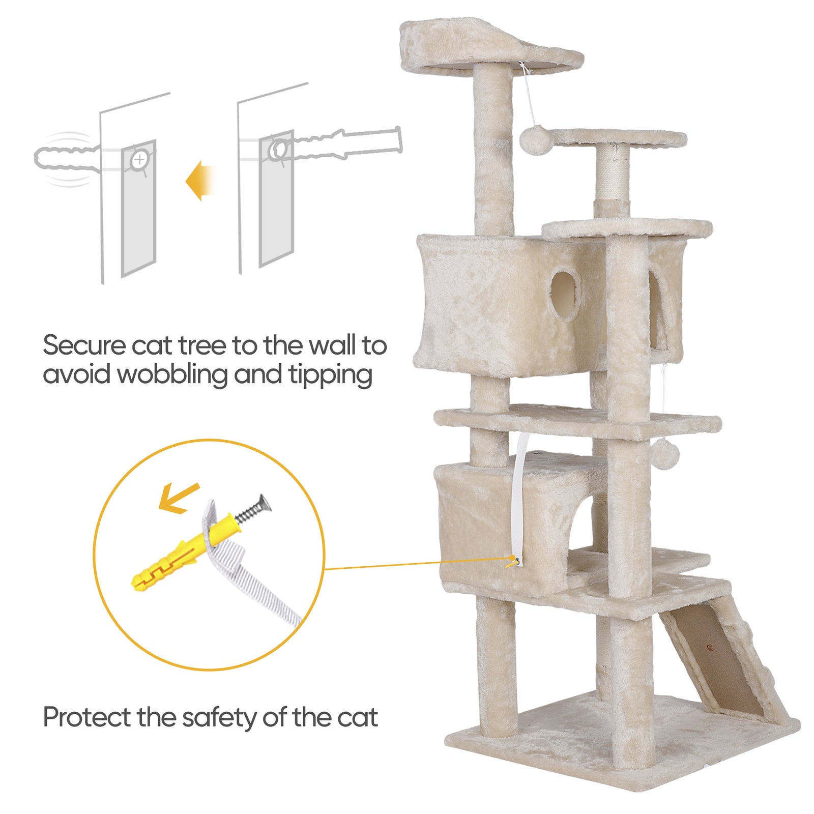 55'' Cat Tree Condo Scratching Post Sturdy Cat Activity Center Light Beige